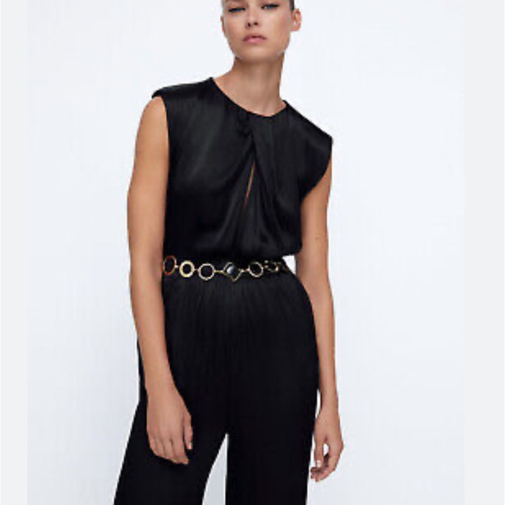 ZARA black silky jumpsuit with gold belt XS. New with tags never worn